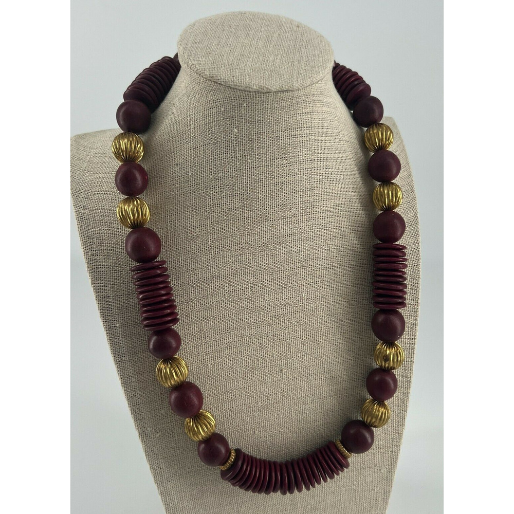 80s single strand mahogany purple wood bead and‎ gold bead necklace